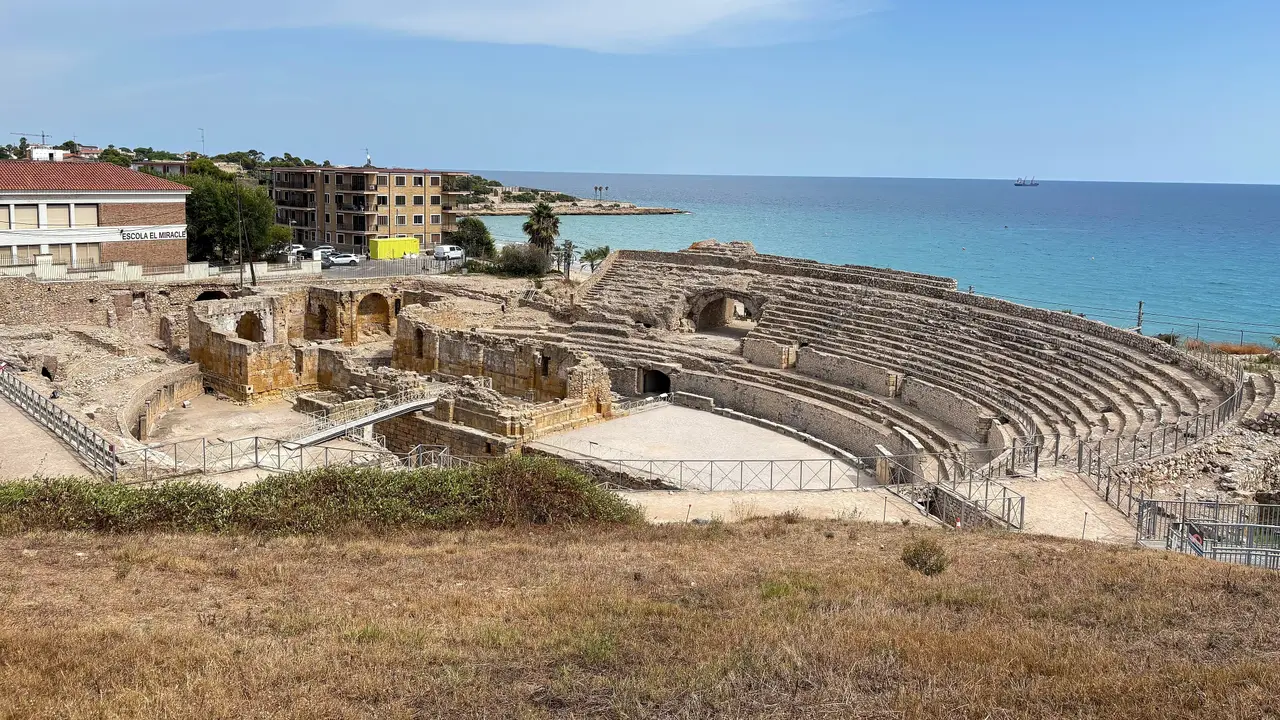 Ruins of the Roman amphitheatre of Tarragona beside the Mediterranean Sea